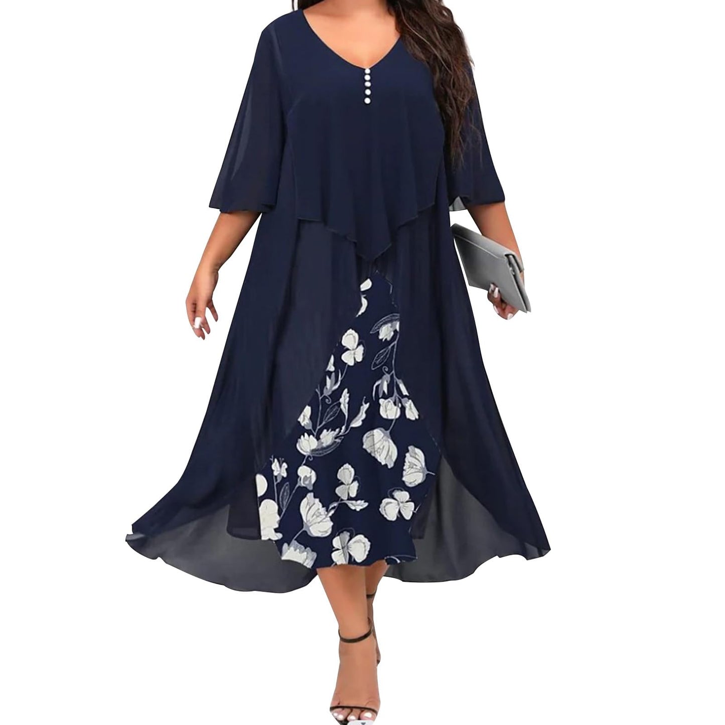 FONDBERYL Flowy Chiffon Floral Maxi Dress for Women V Neck Half Sleeve Ruffle Plus Size Elegant Cocktail Wedding Guest Dresses