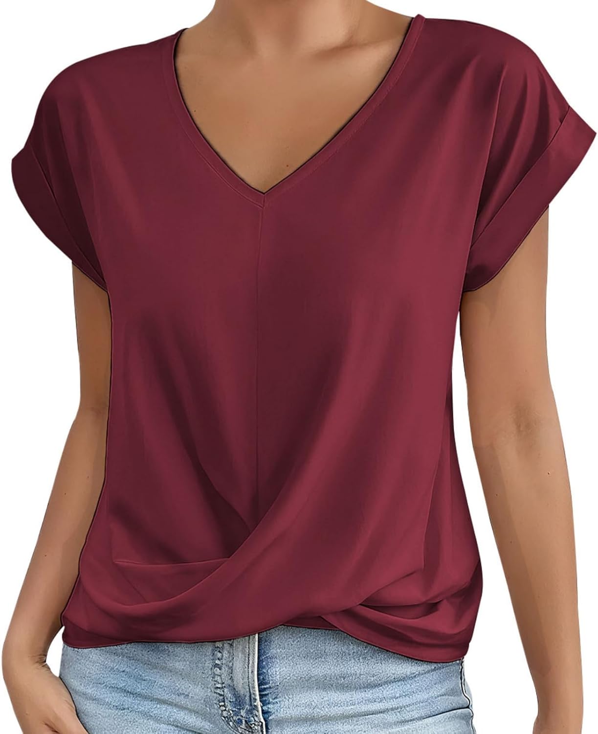 Alivebody Shirts for Women Summer Tops 2025 V Neck Blouse Short Sleeve Casual Polyester Fashion T-Shirts
