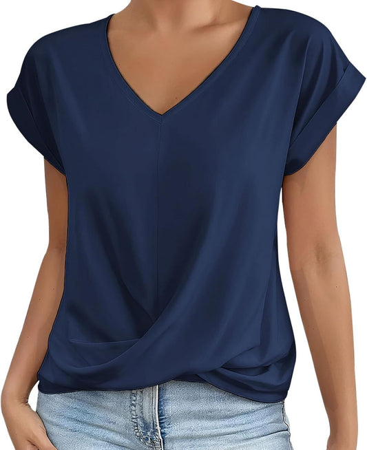 Alivebody Shirts for Women Summer Tops 2025 V Neck Blouse Short Sleeve Casual Polyester Fashion T-Shirts