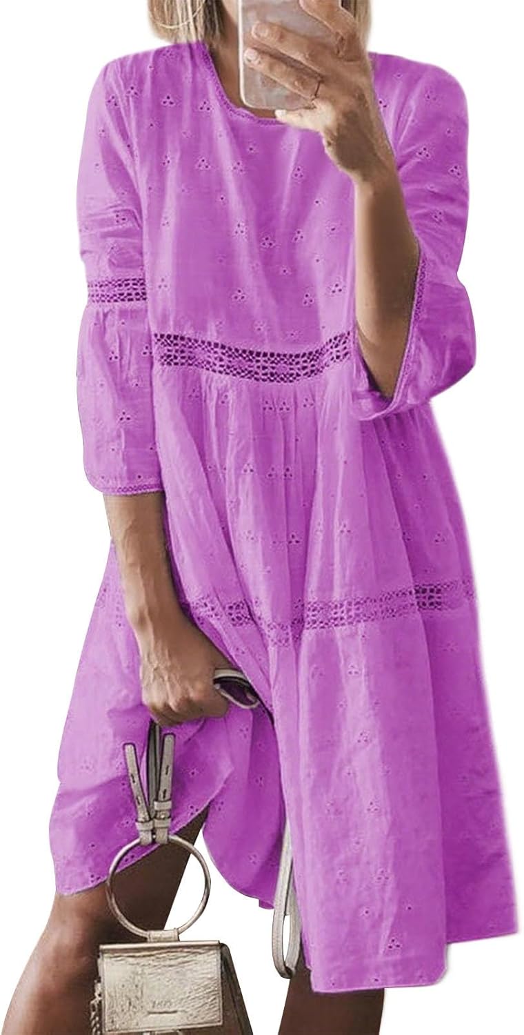 Bejirog Plus Size Linen Dress for Women, Eyelet Lace 3/4 Sleeve Crew Neck Casual Summer Long Flowy Loose Midi Linen Dress