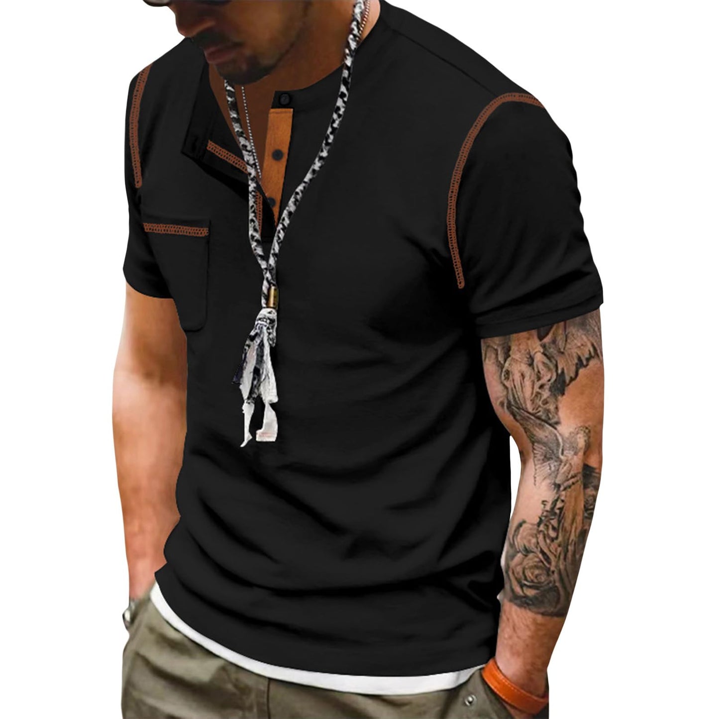 Embryform Shirts for Men Summer Short Sleeve Casual Basic Henley T-Shirts with Pocket Fashion Stylish Classic Button Tee Tops