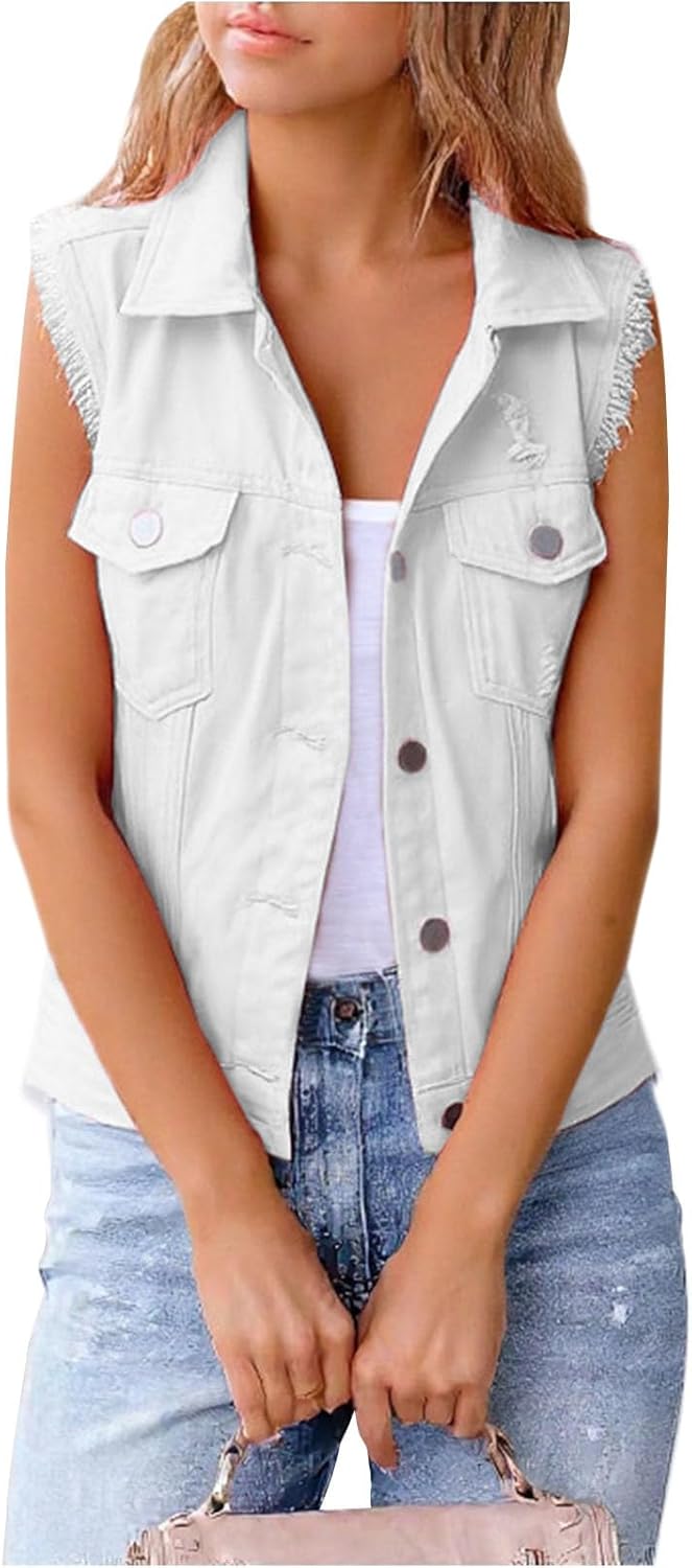 WAZZAP Women's Sleeveless Denim Vest Cropped Button Down Lightweight Casual Jean Vest Women Jean Tops