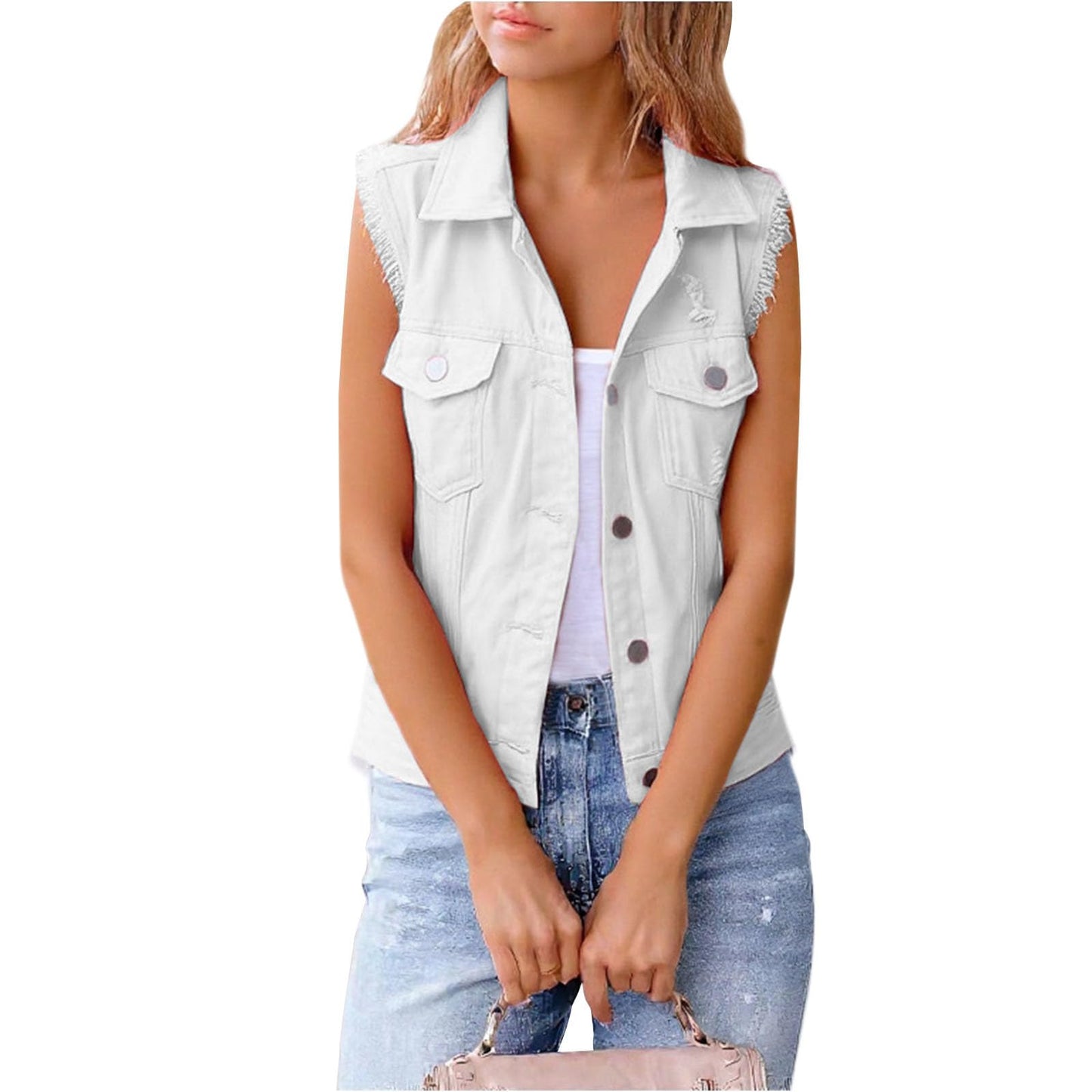 WAZZAP Women's Sleeveless Denim Vest Cropped Button Down Lightweight Casual Jean Vest Women Jean Tops