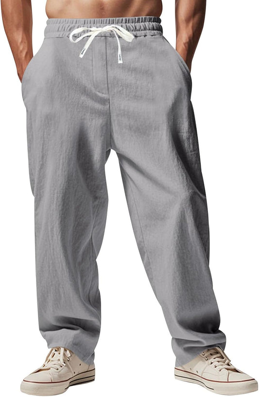 Alivebody Mens Linen Pants Straight-Legs Elastic Waist Casual Summer Beach Pants Drawstring Lightweight Trousers with Pockets