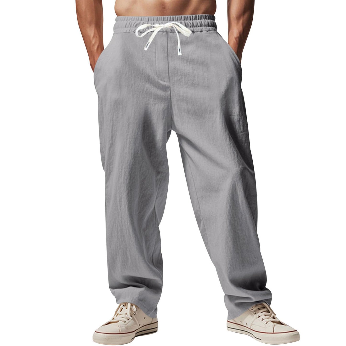 Alivebody Mens Linen Pants Straight-Legs Elastic Waist Casual Summer Beach Pants Drawstring Lightweight Trousers with Pockets