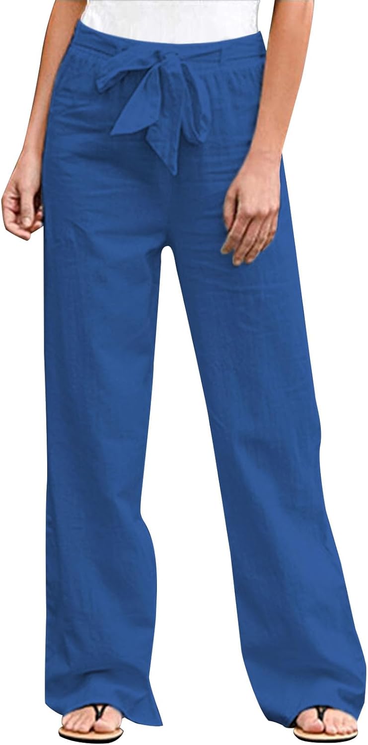 GYMBULL Womens Cotton Linen Summer Pants Tie High Waisted Casual Straight Leg Pants Dressy Palazzo Soft Trousers with Pockets