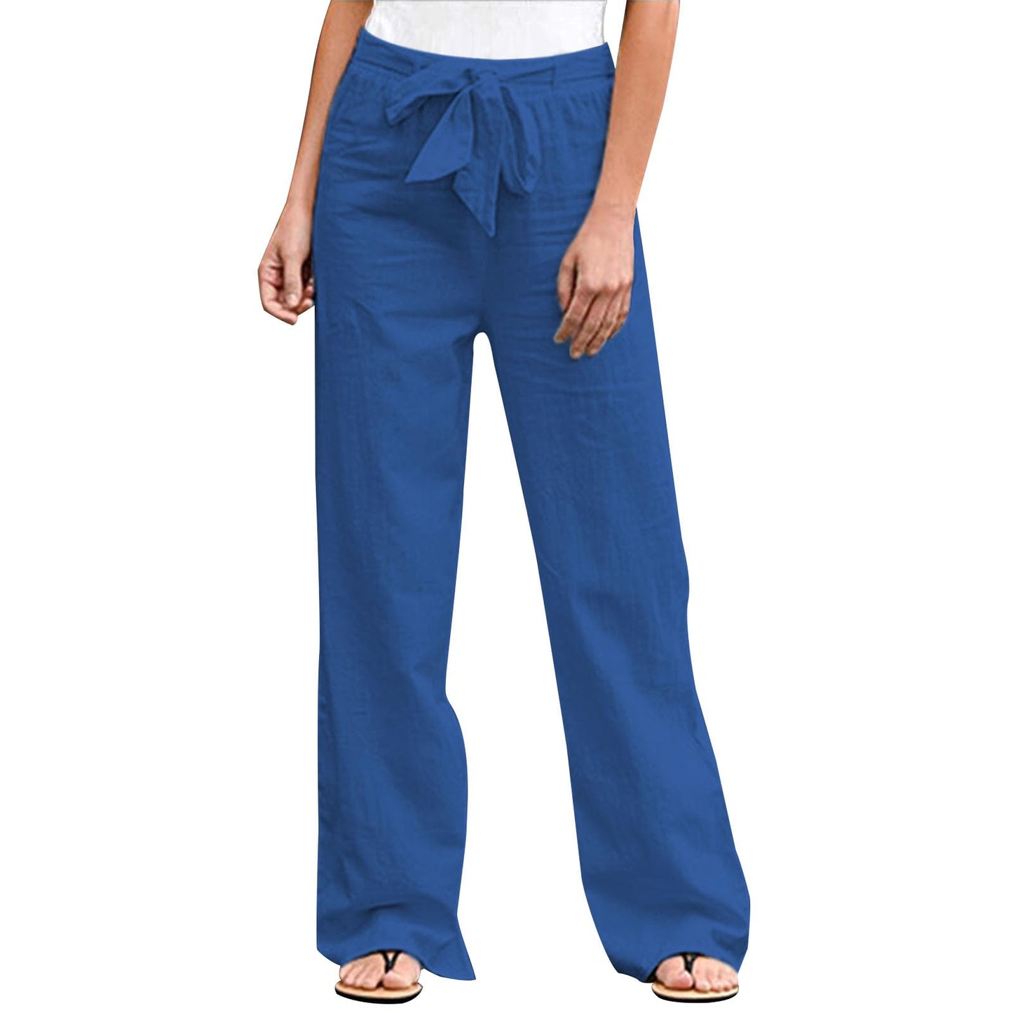 GYMBULL Womens Cotton Linen Summer Pants Tie High Waisted Casual Straight Leg Pants Dressy Palazzo Soft Trousers with Pockets
