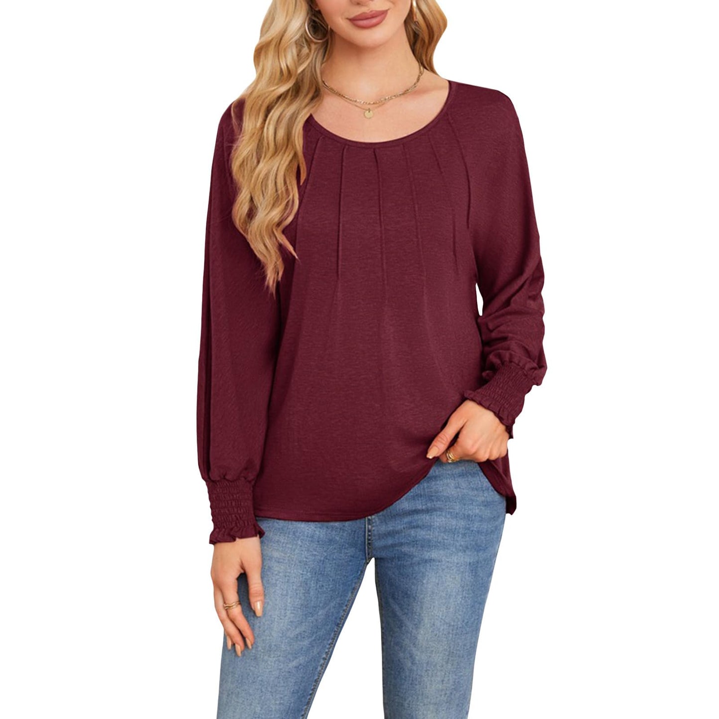 Befox Women's Pleated Tops, Crewneck Long Sleeve Blouse Tunic T-Shirt 2026 Spring Fall Trendy Casual Loose Pleated Shirts