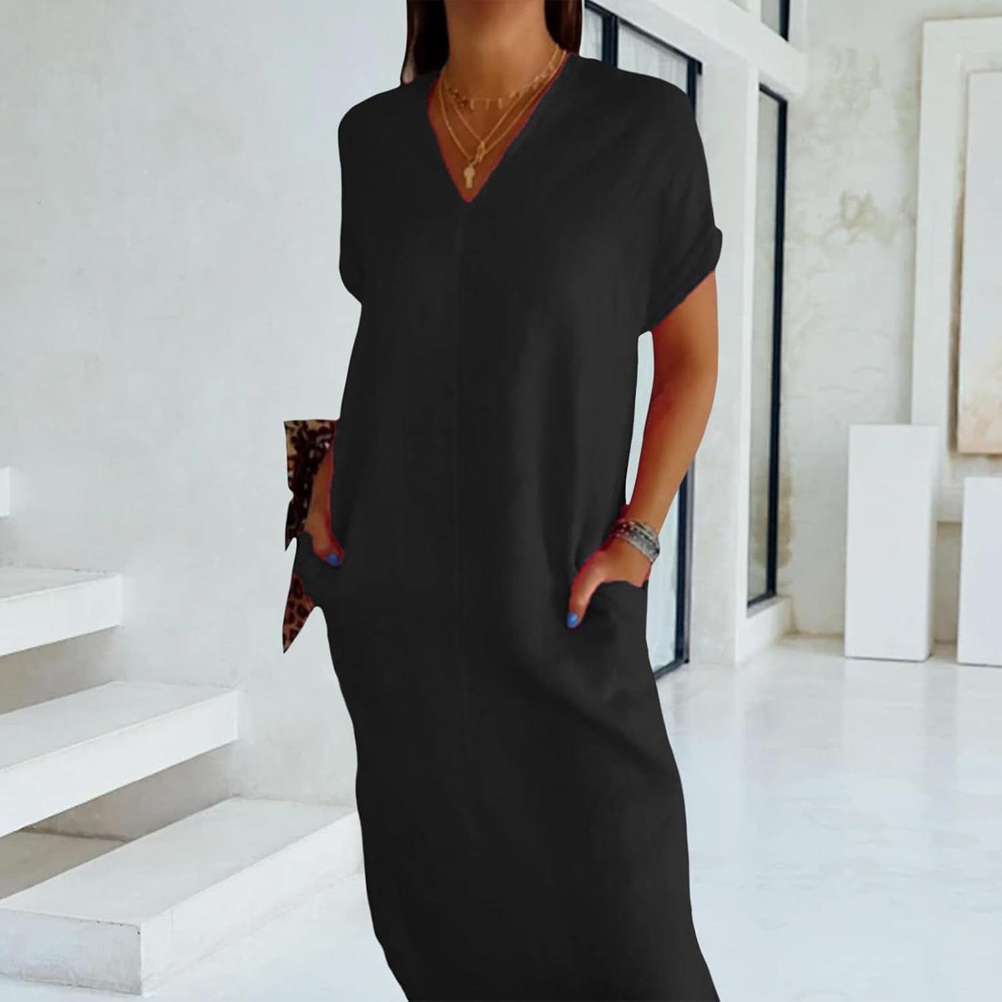 NAILONG Womens Short Sleeve V Neck Cotton Linen Dress, Casual Loose Long Maxi Summer Linen Dress for Women with Pockets