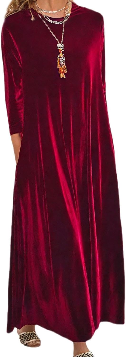 Embryform Velvet Dress for Women Spring Maxi Dress 2026 Plus Size Short Sleeve Velvet Casual Loose Elegant Crew Neck with Pocket