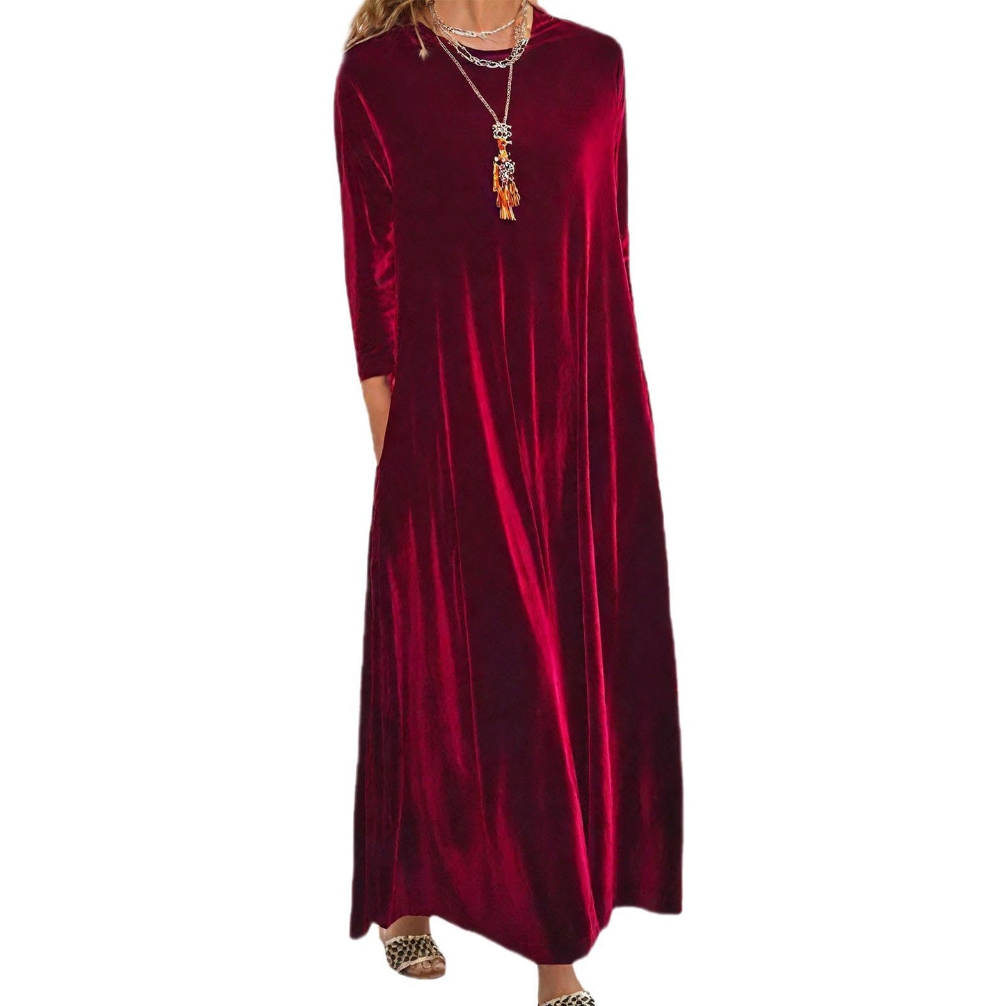 Embryform Velvet Dress for Women Spring Maxi Dress 2026 Plus Size Short Sleeve Velvet Casual Loose Elegant Crew Neck with Pocket