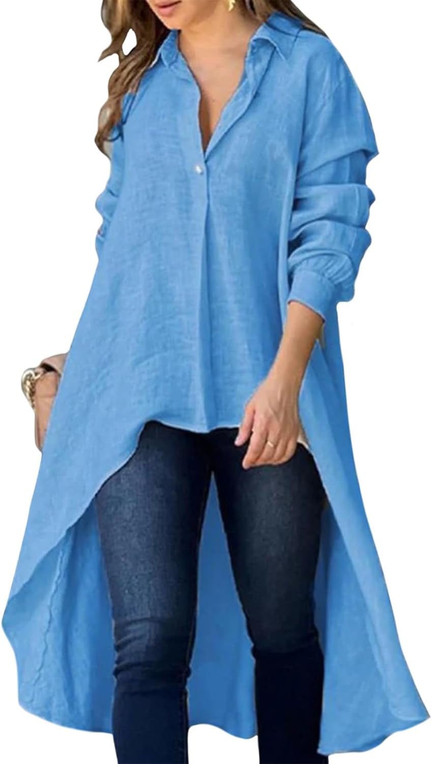 GYMBULL Long Button Down Shirt for Women Oversized Lightweight Irregular Hem Tunic Top Collared Loose Fit Casual Blouse