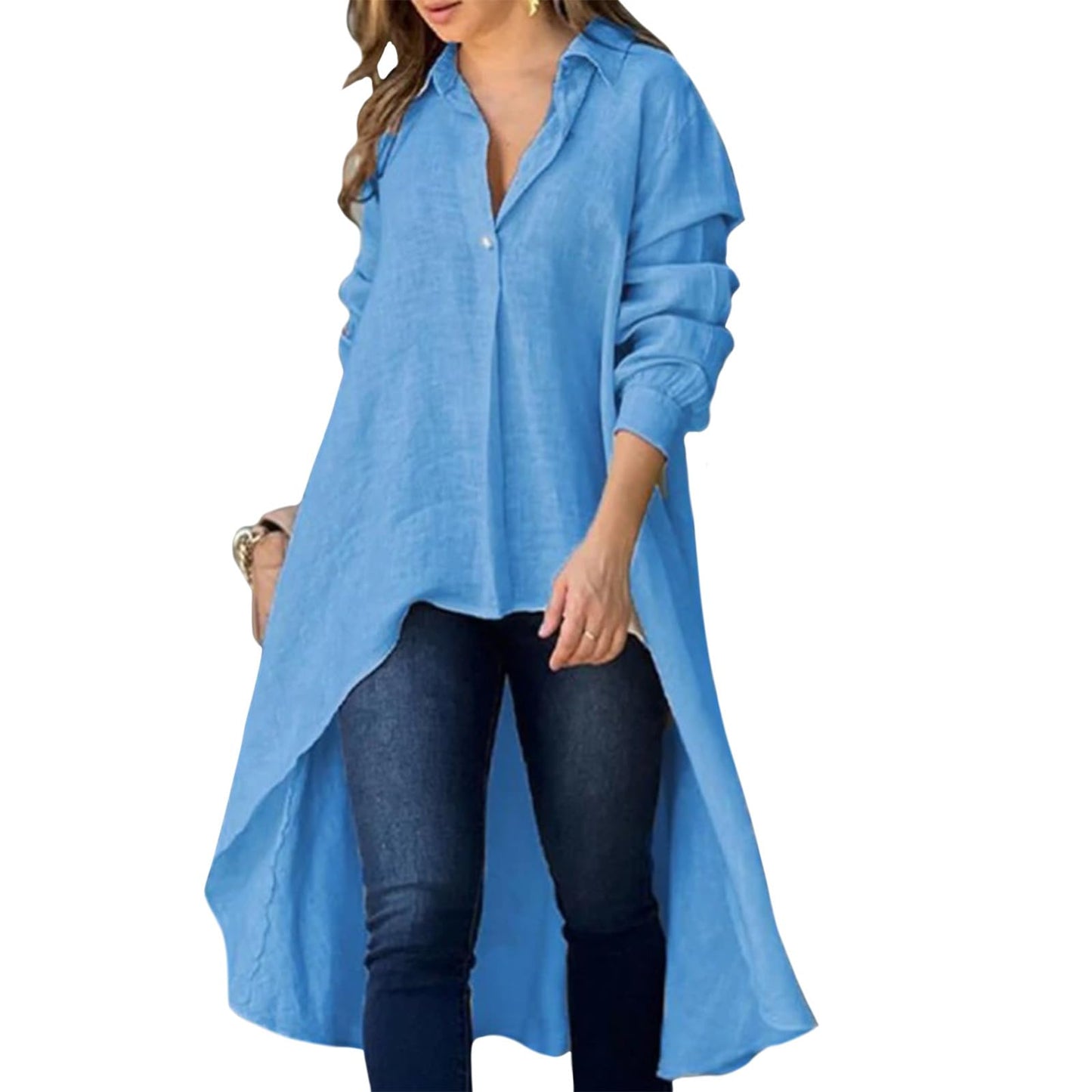 GYMBULL Long Button Down Shirt for Women Oversized Lightweight Irregular Hem Tunic Top Collared Loose Fit Casual Blouse