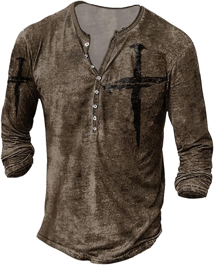 JiffPom Mens Henley Shirts Christian Shirt Jesus Cross Retro Long Sleeve Casual Button Down Washed T-Shirts Boy's Tops