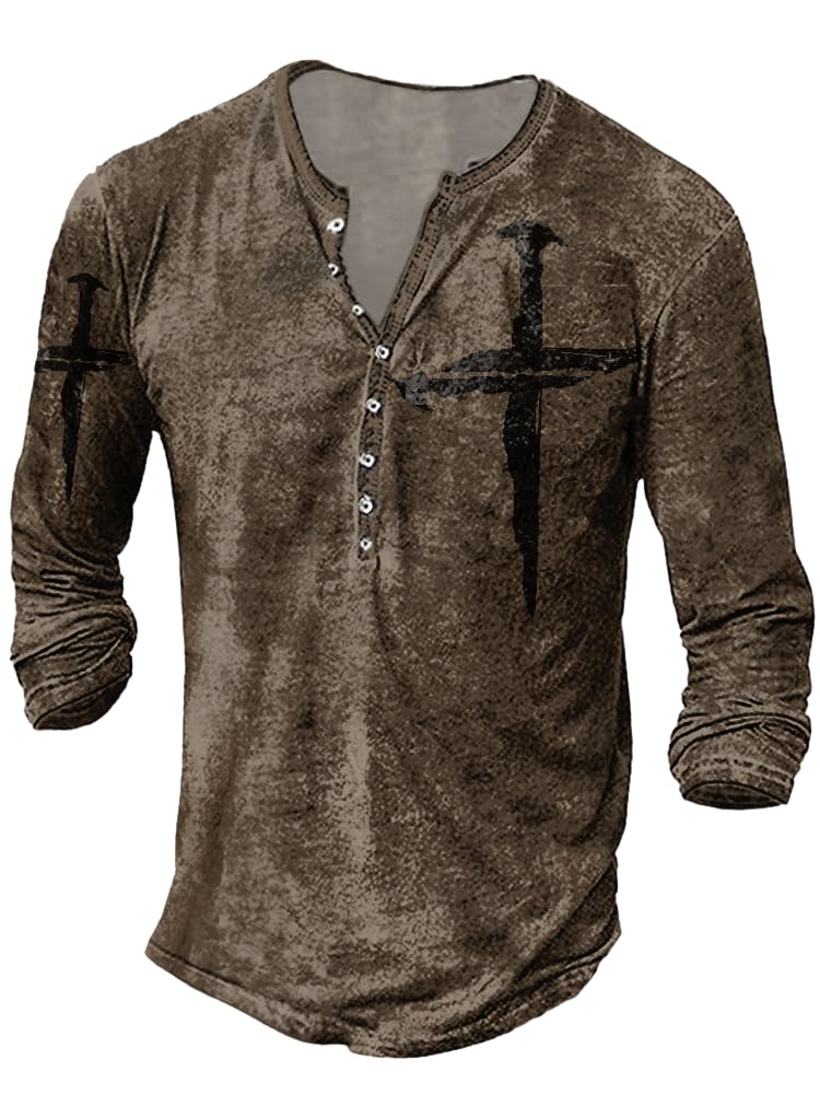 JiffPom Mens Henley Shirts Christian Shirt Jesus Cross Retro Long Sleeve Casual Button Down Washed T-Shirts Boy's Tops