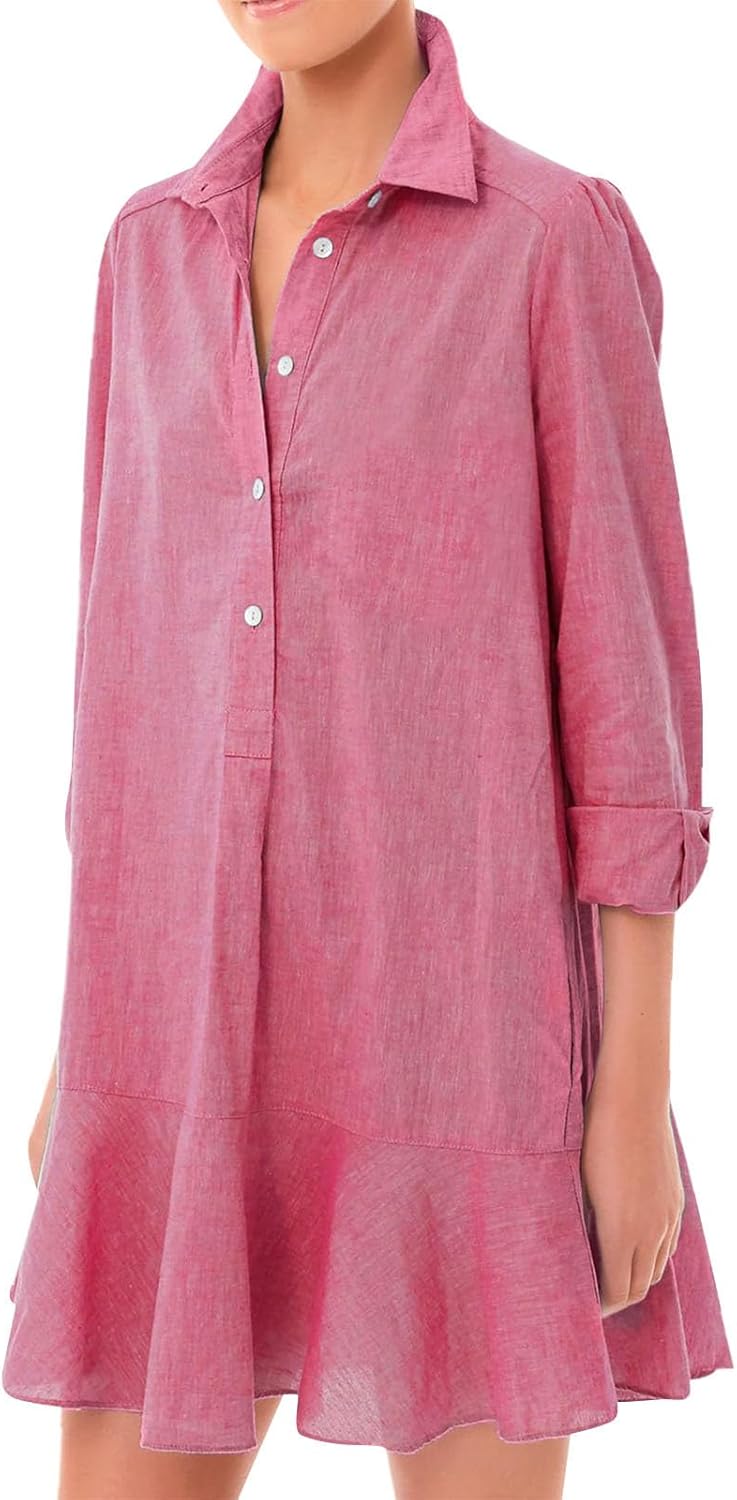 JiffPom Tunic Shirt Dress for Women, Casual Cotton Linen Button Up Long Sleeve Mini Shift Dress with Ruffle Hem and Pockets
