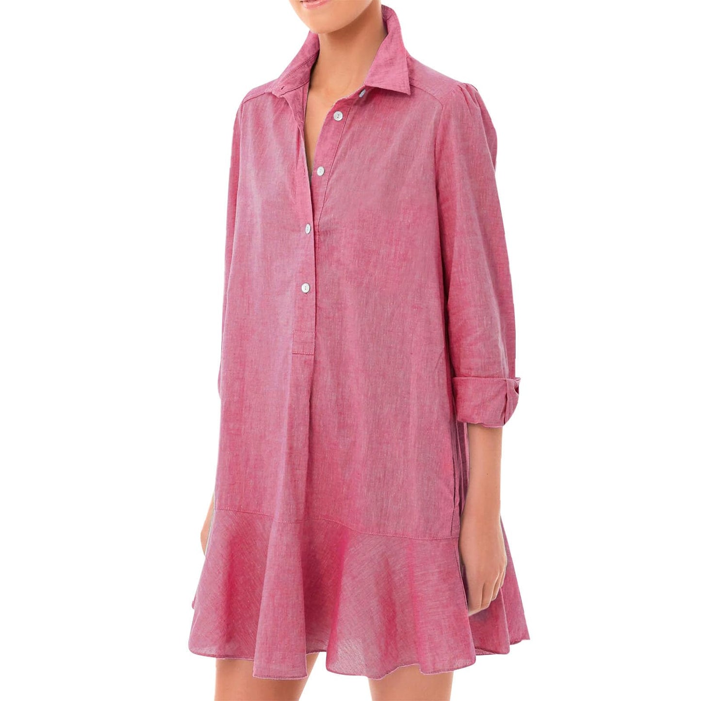 JiffPom Tunic Shirt Dress for Women, Casual Cotton Linen Button Up Long Sleeve Mini Shift Dress with Ruffle Hem and Pockets