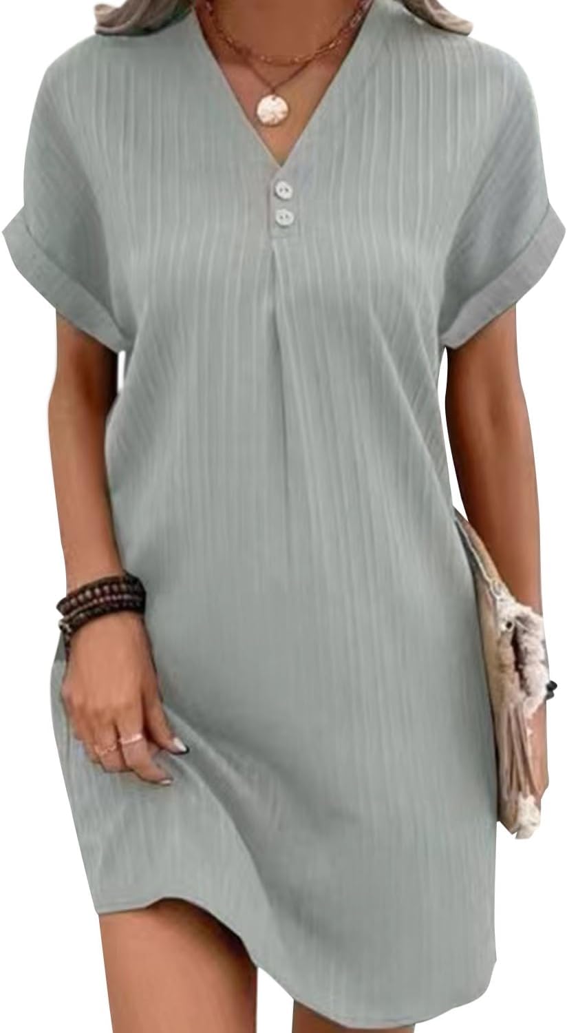 gukoo Summer Dresses for Women 2025 Button V Neck Short Sleeve Pleated Solid Loose Fit Casual Work Ladies Mini T Shirt Dress