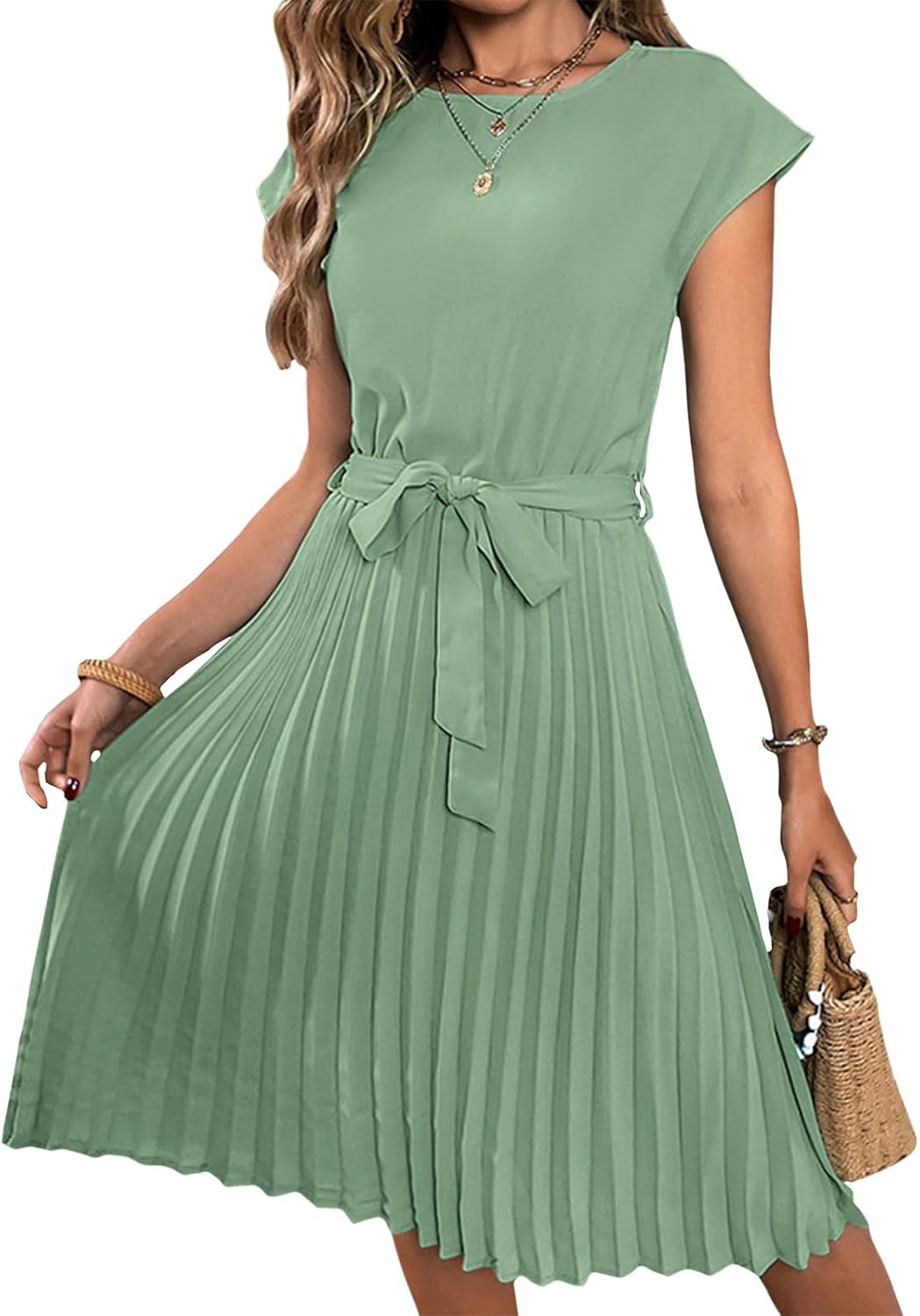 Bejirog Pleated Midi Dress for Women, Belted Tie Waist A-Line Short Sleeve Crew Neck Elegant Summer Wedding Guest Dress