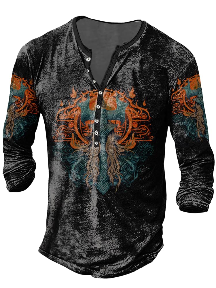 JiffPom Mens Henley Shirts Christian Shirt Jesus Cross Retro Long Sleeve Casual Button Down Washed T-Shirts Boy's Tops