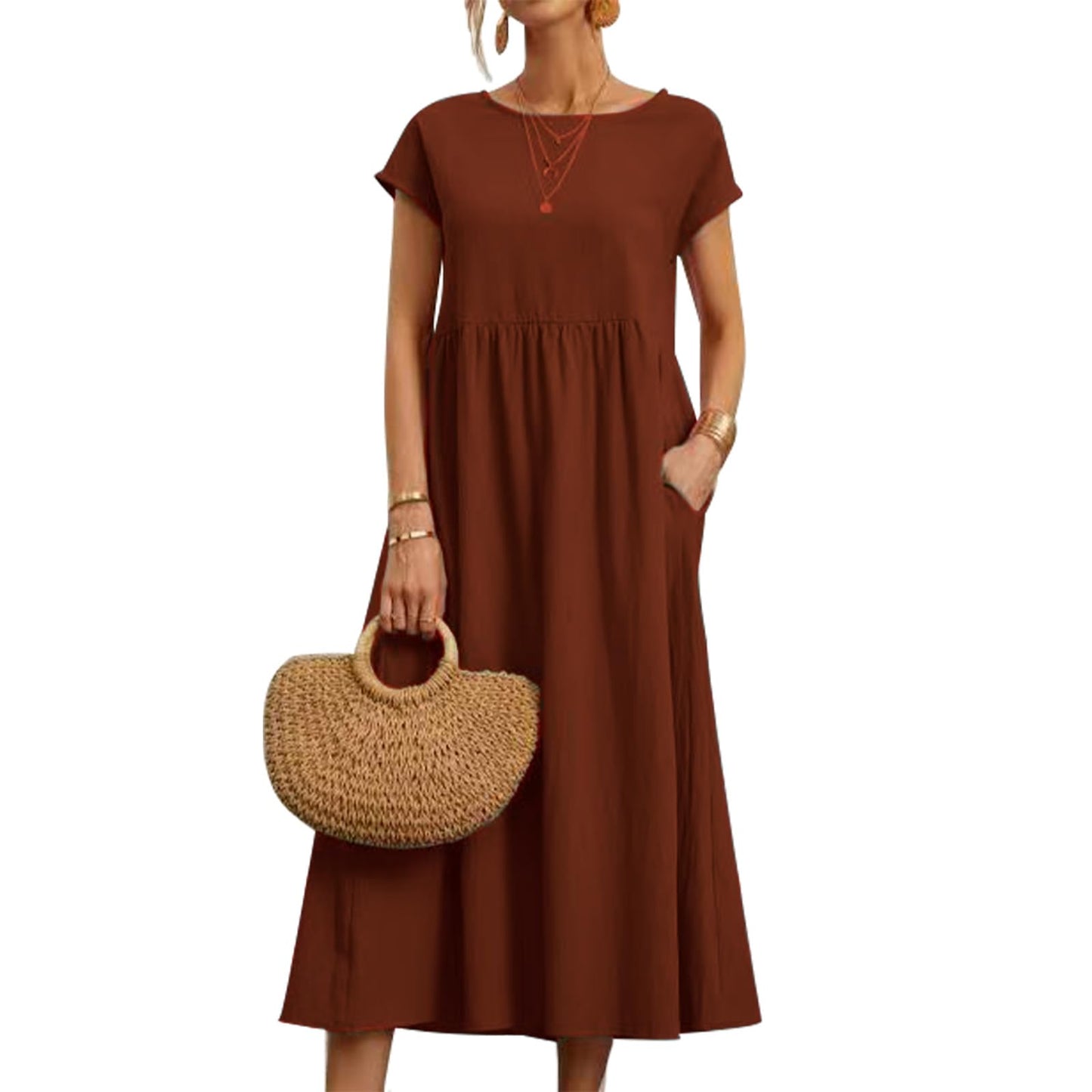 gukoo Cotton Linen Dress for Women Short Sleeve Casual Crew Neck Loose Maxi Summer 2026 Beach Vacation Dress with Pockets