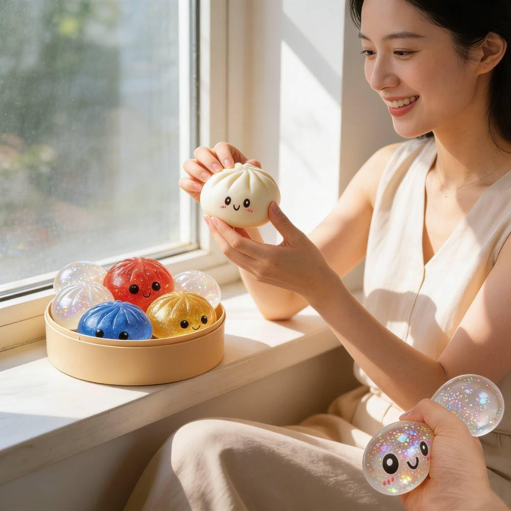 Kribee Glitter Dumpling Squishy-Giant Dumpling Squishy Fidget Toy with Steamer Case,Mega Rainbow Slow-Rising Sensory Decompression Toy, Thermoplastic Rubber, Stress Relief for Adults (Red)