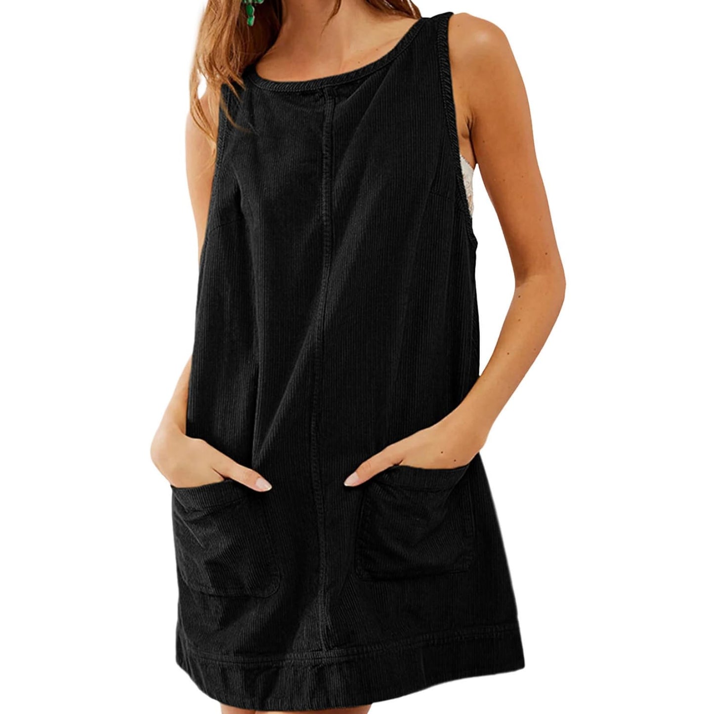 GYMDOG Casual Dresses for Women Corduroy Crewneck Tunic Sleeveless Pleated Loose Fit Work Mini Dress with Pockets