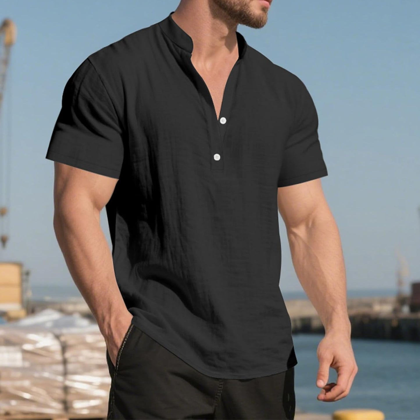 GYMBULL Linen Shirts for Men Fashion Solid Color Beach Summer Tops Casual Stand Collar Button Down Short Sleeve Henley Shirt