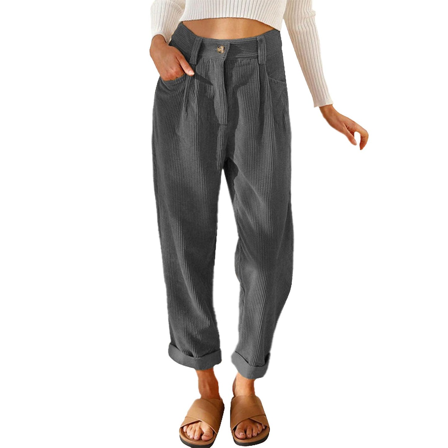 Reigee Womens Premium Corduroy Pants High Waist Wide Leg Trousers with Pockets Button Closure Elastic Waistband Casual Straight