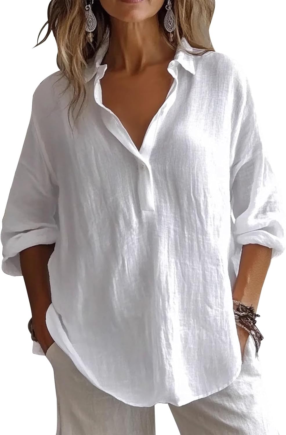 gukoo Womens Linen Shirts 3/4 Sleeve Blouses Casual V Neck Collar Shirt Trendy Tops Solid Color Summer Clothes