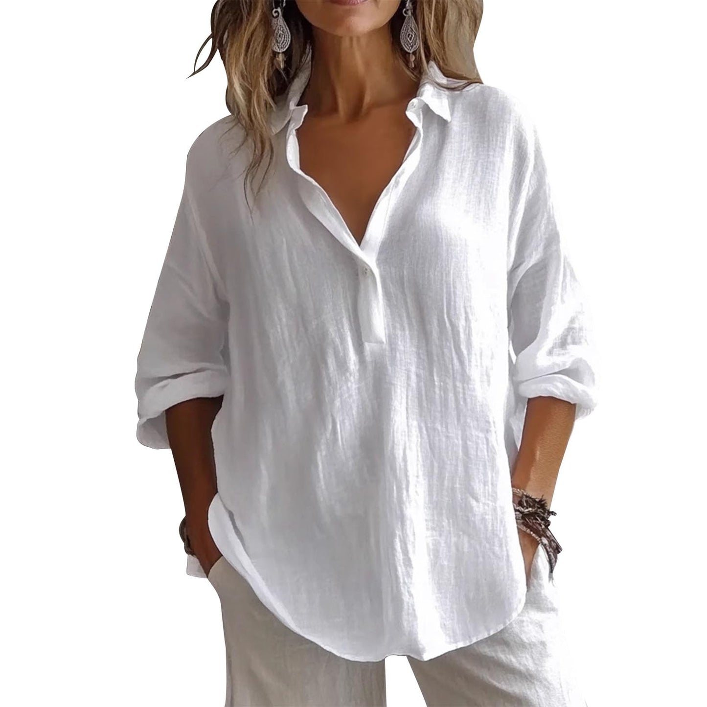 gukoo Womens Linen Shirts 3/4 Sleeve Blouses Casual V Neck Collar Shirt Trendy Tops Solid Color Summer Clothes