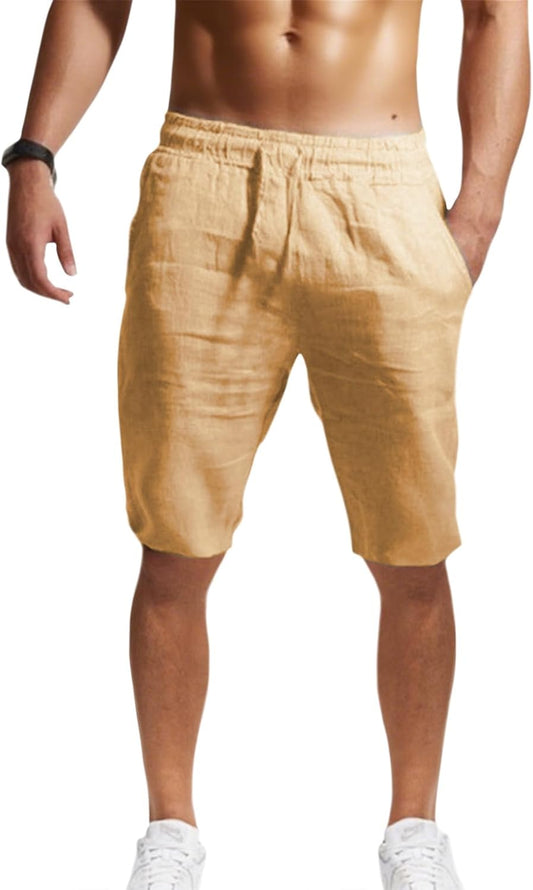 GYMTSL Mens Linen Shorts Casual Loose Fit Elastic Drawstring Waist Straight Leg Summer Beach Vacation Bermuda Shorts