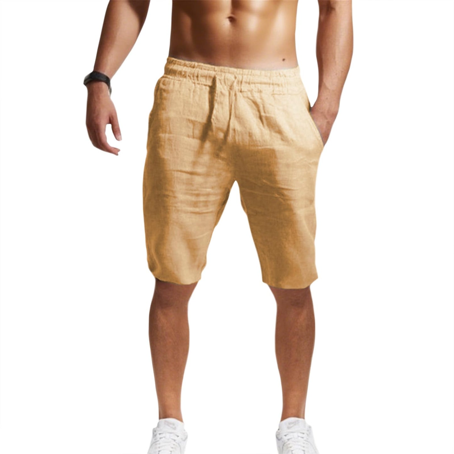 GYMTSL Mens Linen Shorts Casual Loose Fit Elastic Drawstring Waist Straight Leg Summer Beach Vacation Bermuda Shorts