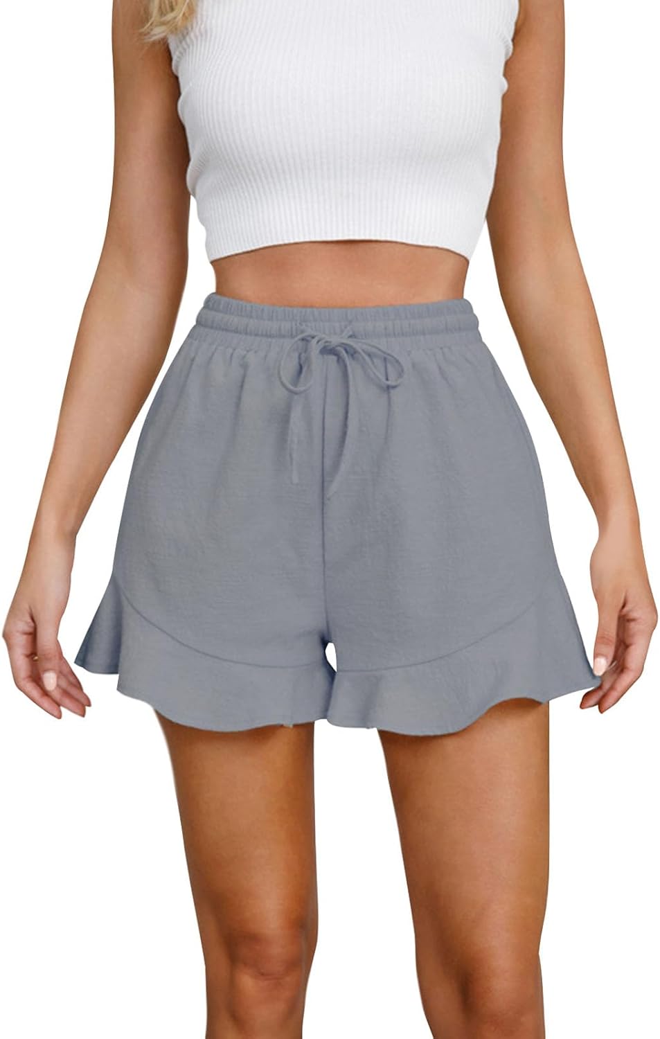 Befox Women Cotton Ruffle Shorts Summer Elastic Waist Drawstring Casual Short Pants with Pockets Flared Hem Lightweight