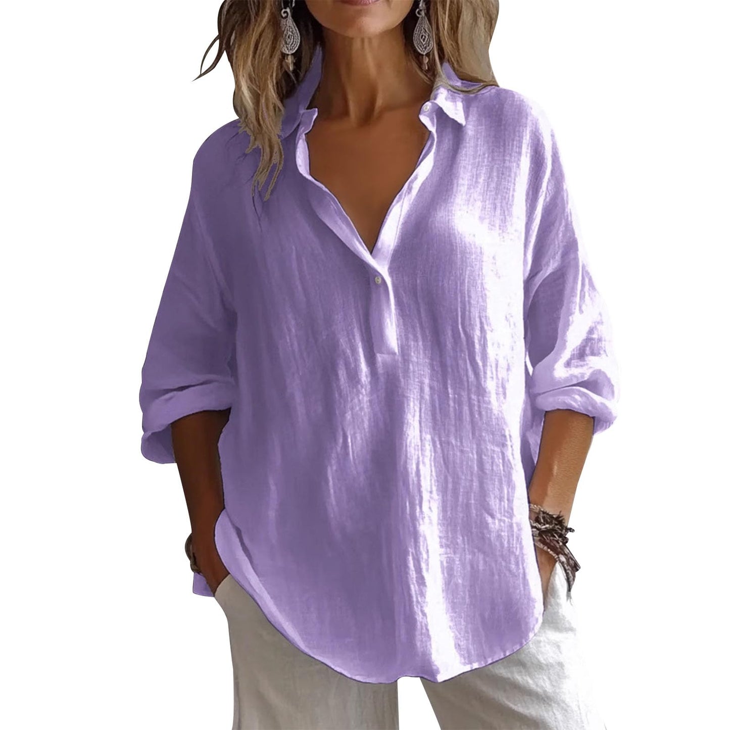 gukoo Womens Linen Shirts 3/4 Sleeve Blouses Casual V Neck Collar Shirt Trendy Tops Solid Color Summer Clothes