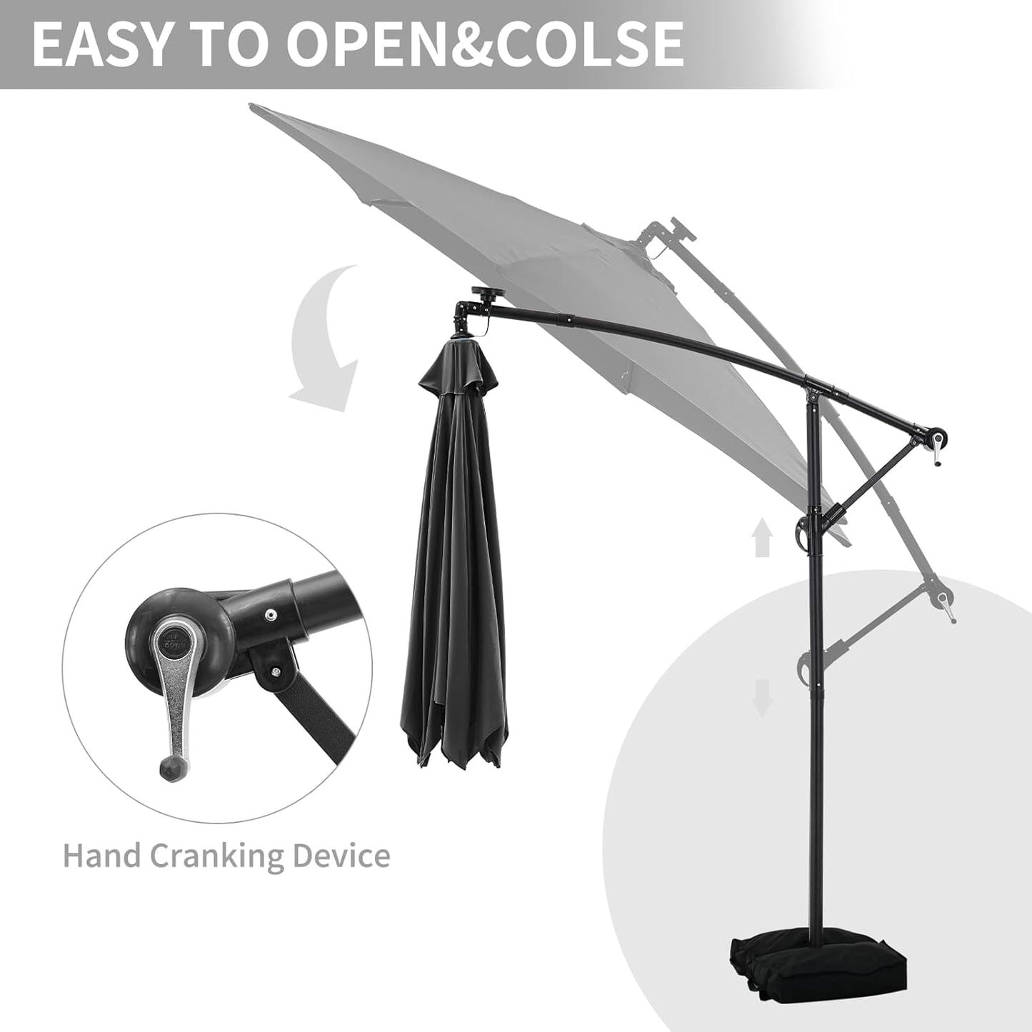 JiffPom 10ft Cantilever Patio Umbrella with Lights, Hanging Offset Market Outdoor Sun Shade for Backyard,Deck,Poolside,Black