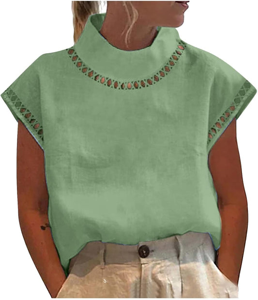 Befox Womens Oversized T Shirts Linen Lightweight Casual Short Sleeve Mock Neck Business Vintage Summer Workout Tops