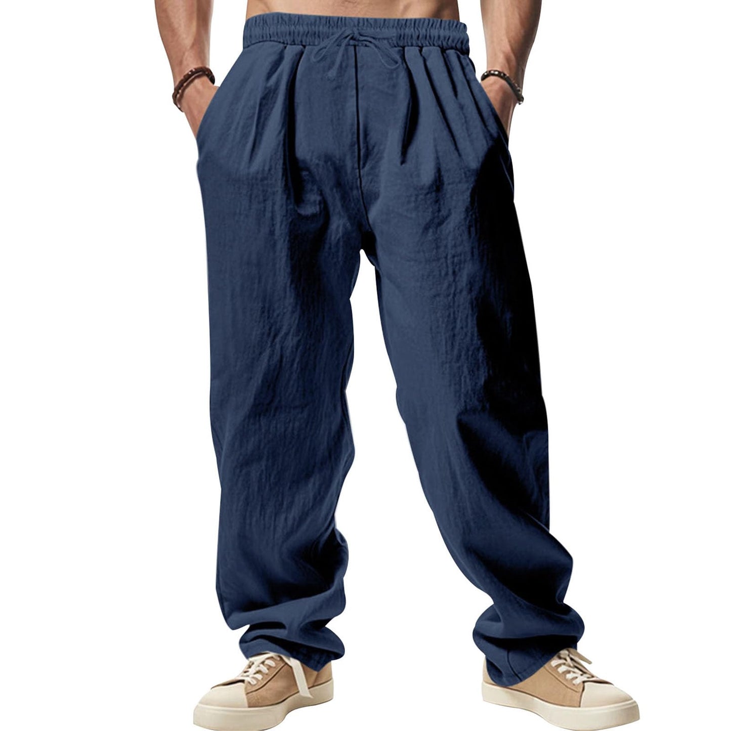 GYMTSL Mens Linen Pants Drawstring Baggy Casual Summer Trousers Straight-Legs Elastic Waist Beach Pants with Pockets