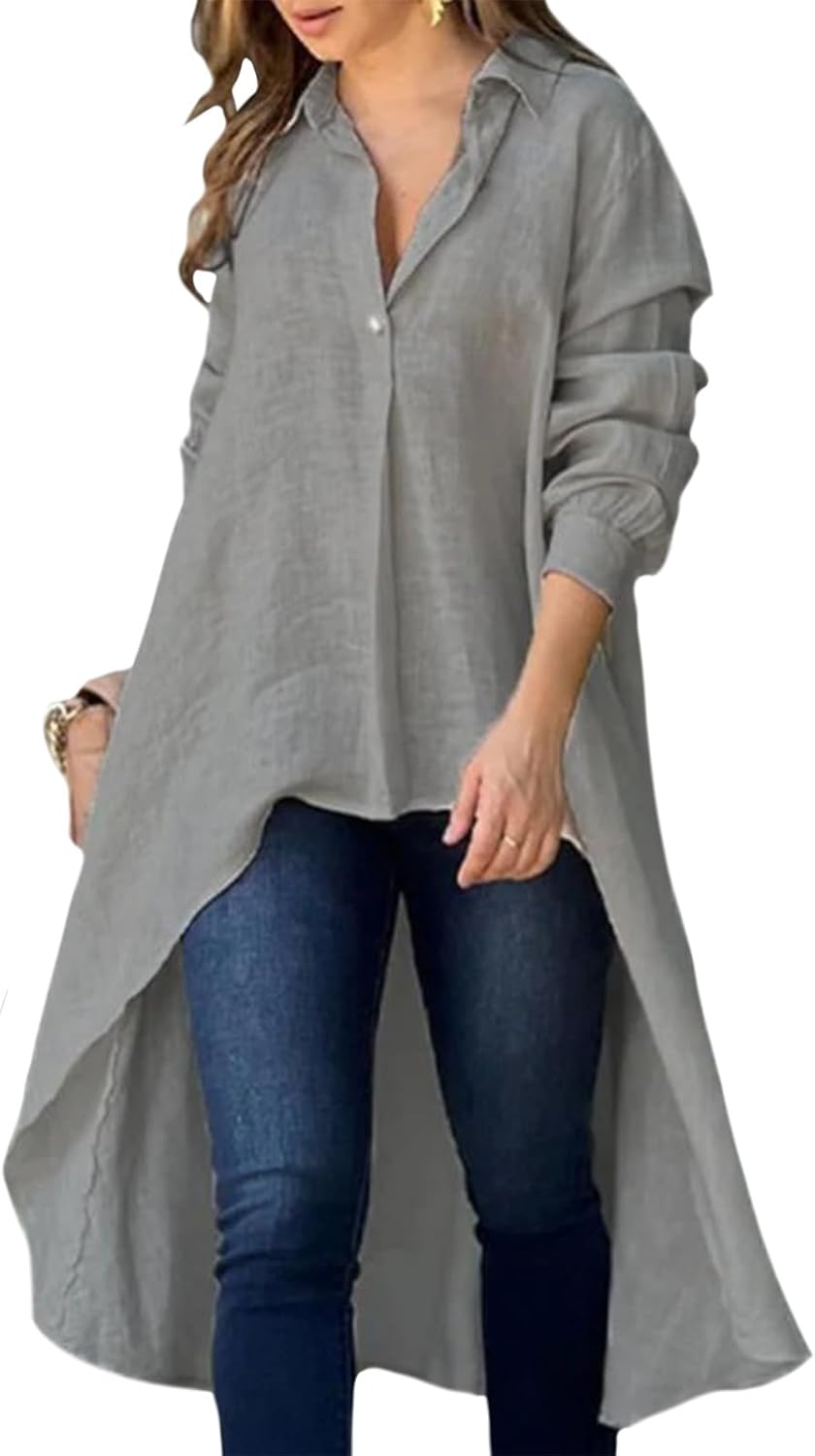 GYMBULL Long Button Down Shirt for Women Oversized Lightweight Irregular Hem Tunic Top Collared Loose Fit Casual Blouse