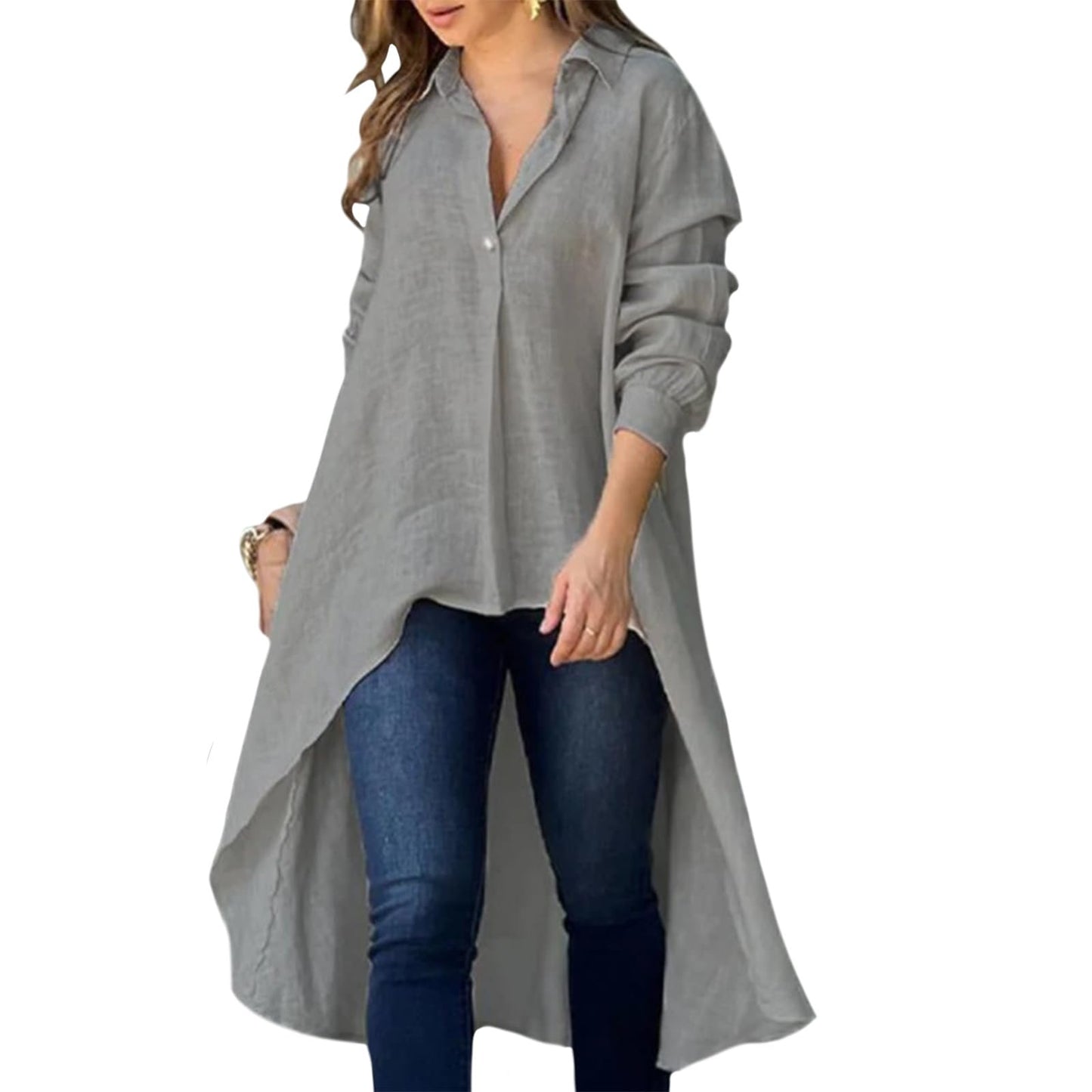 GYMBULL Long Button Down Shirt for Women Oversized Lightweight Irregular Hem Tunic Top Collared Loose Fit Casual Blouse