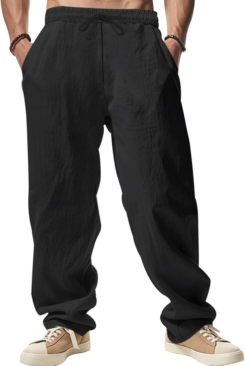 GYMTSL Mens Linen Pants Drawstring Baggy Casual Summer Trousers Straight-Legs Elastic Waist Beach Pants with Pockets