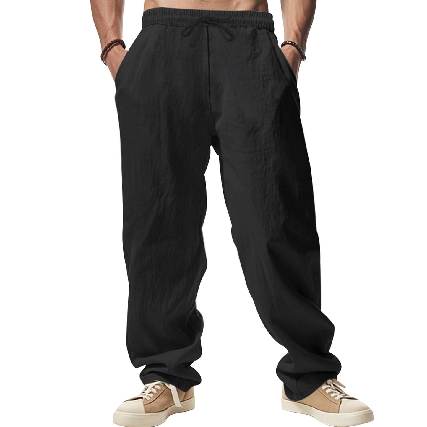 GYMTSL Mens Linen Pants Drawstring Baggy Casual Summer Trousers Straight-Legs Elastic Waist Beach Pants with Pockets