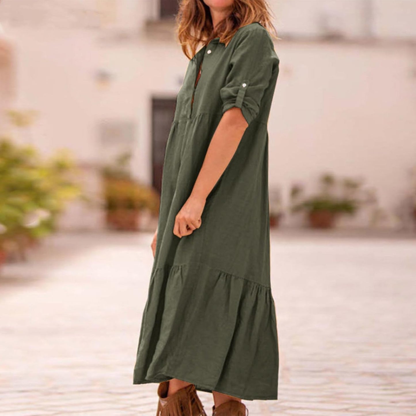 Alivebody Womens Button Down Shirt Dress, Cotton Linen Long Ruffle Hem Loose Half Sleeve Casual Summer Maxi Dress with Collar
