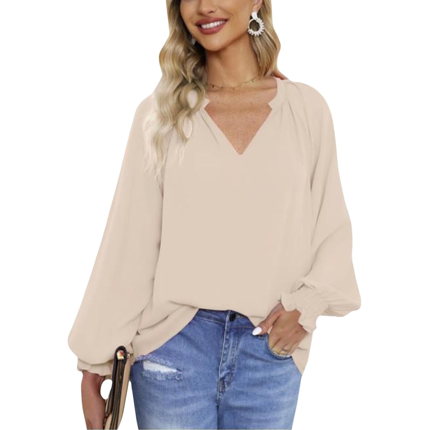 Gymrex Pleated Tops for Women - Lantern Sleeve Top V Neck Pleated Blouse Spring 2026 Trendy Long Sleeve Plus Size Shirt