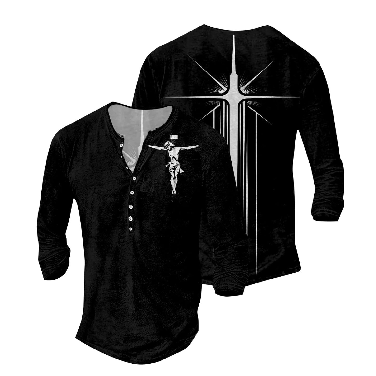 JiffPom Mens Christian Faith Long Sleeves Silky Henley Shirt Cool Jesus Cross Print Casual Button Down Polo Shirts
