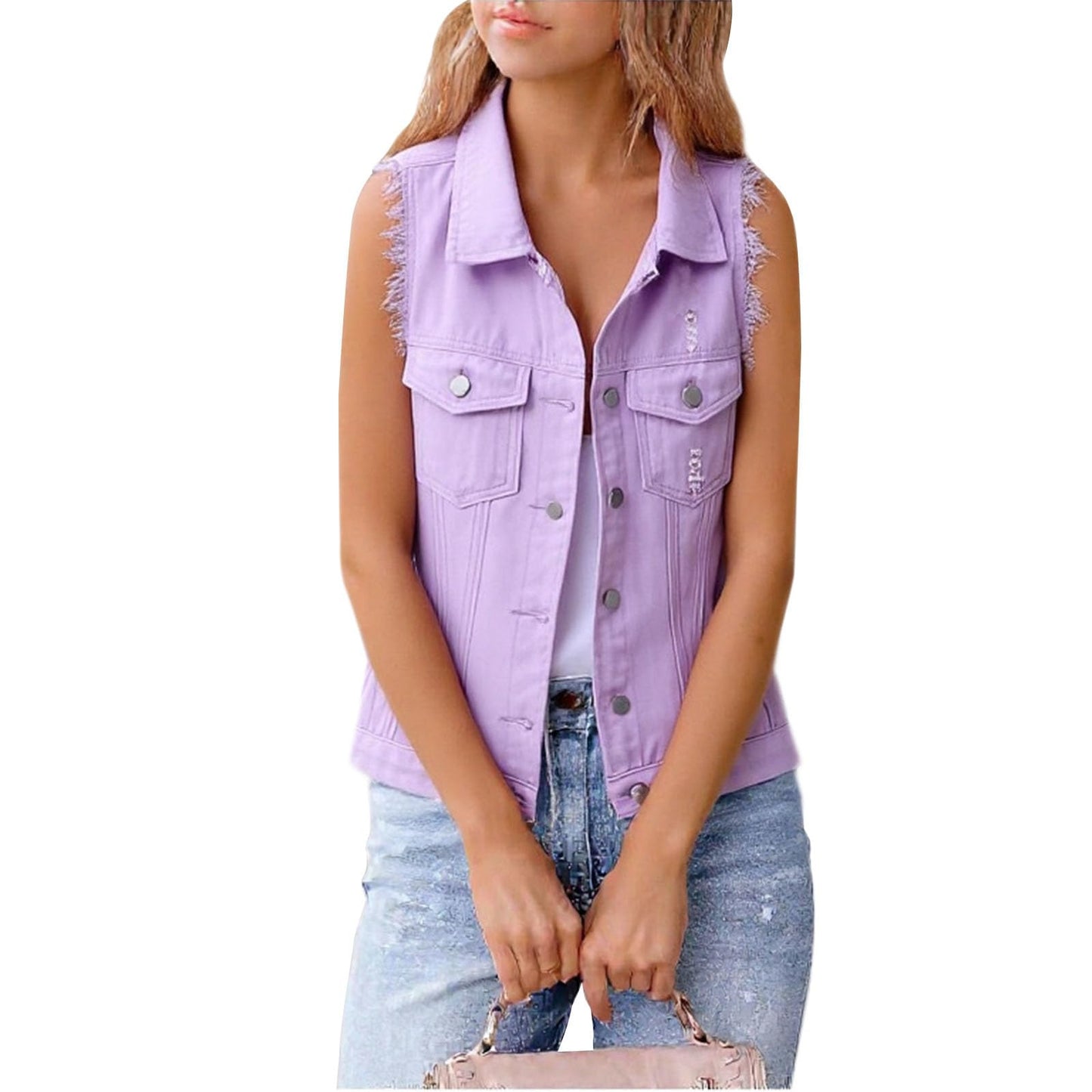 WAZZAP Women's Sleeveless Denim Vest Cropped Button Down Lightweight Casual Jean Vest Women Jean Tops