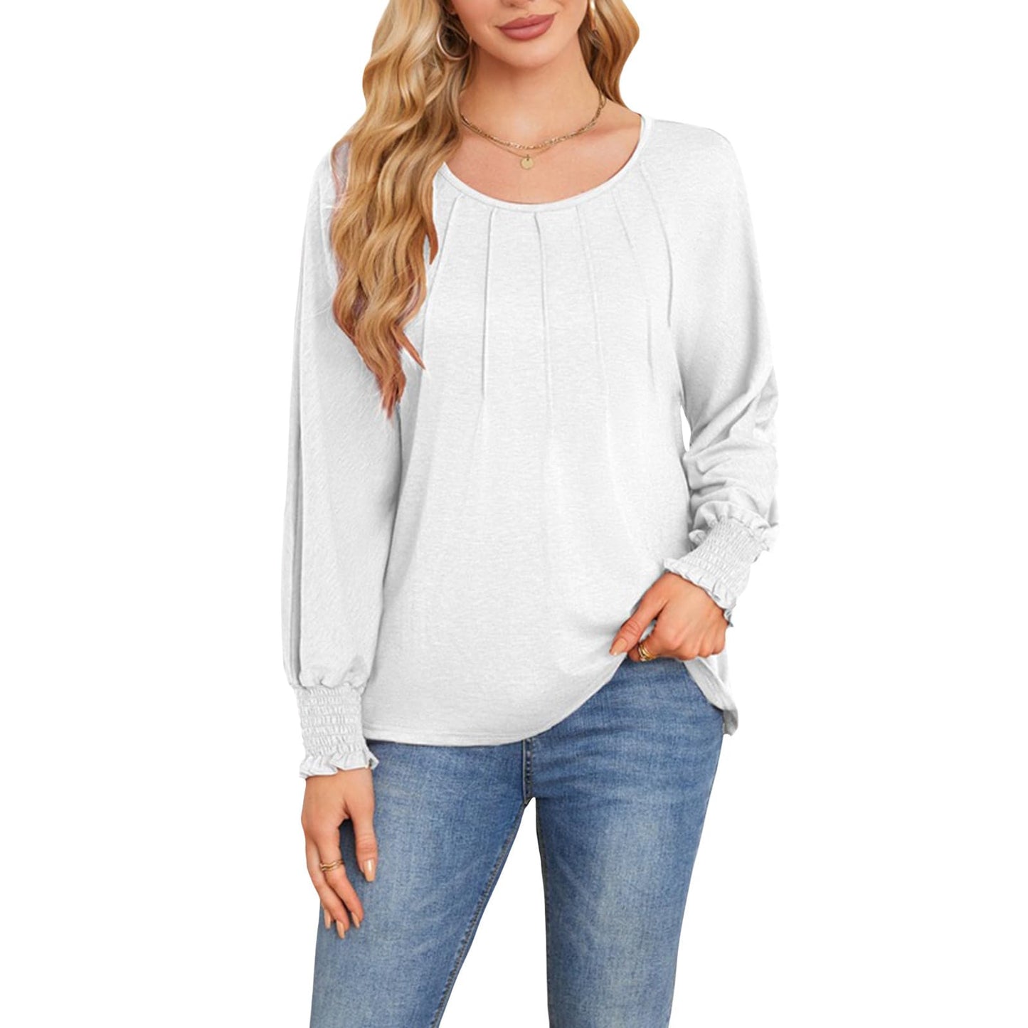 Befox Women's Pleated Tops, Crewneck Long Sleeve Blouse Tunic T-Shirt 2026 Spring Fall Trendy Casual Loose Pleated Shirts
