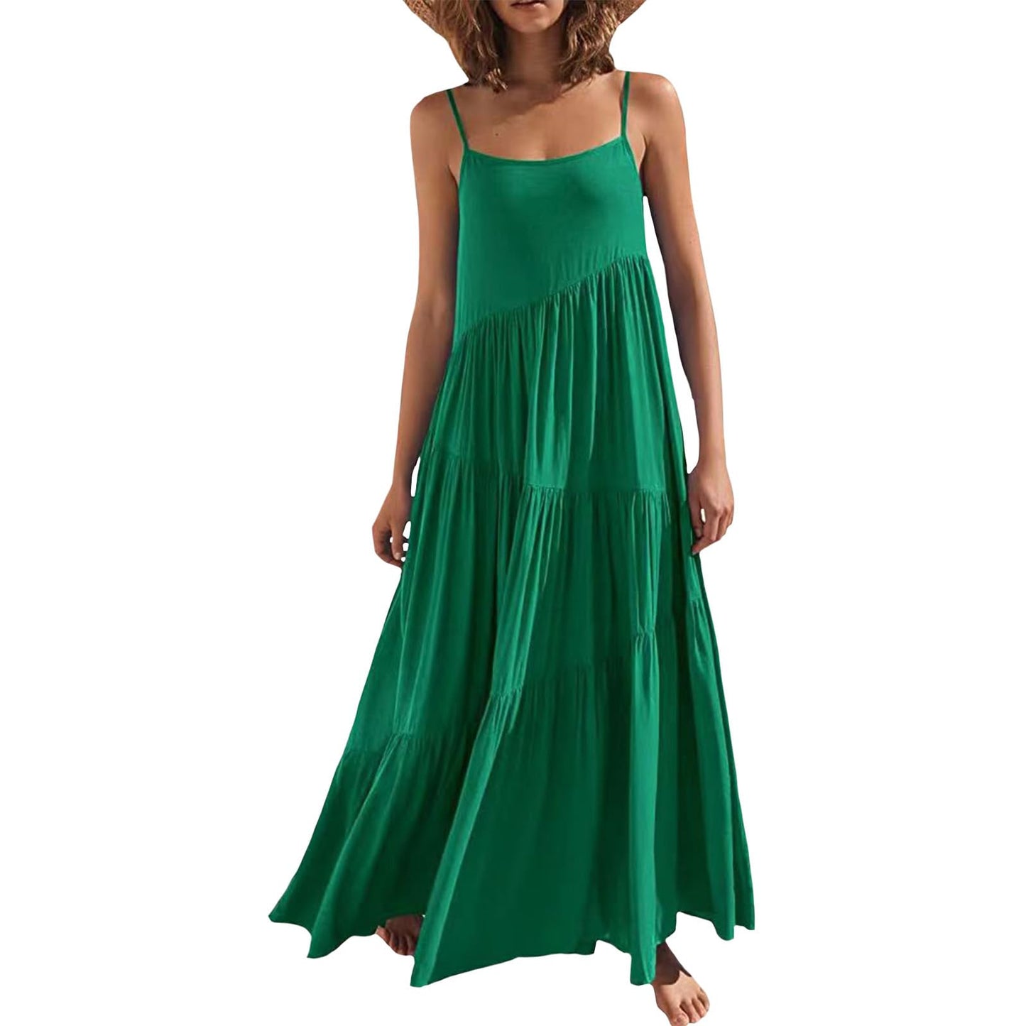 Bejirog Summer Spaghetti Strap Maxi Dress for Women, Tiered Ruffle Vacation Beach Square Neck Long Flowy Cami Sun Dress
