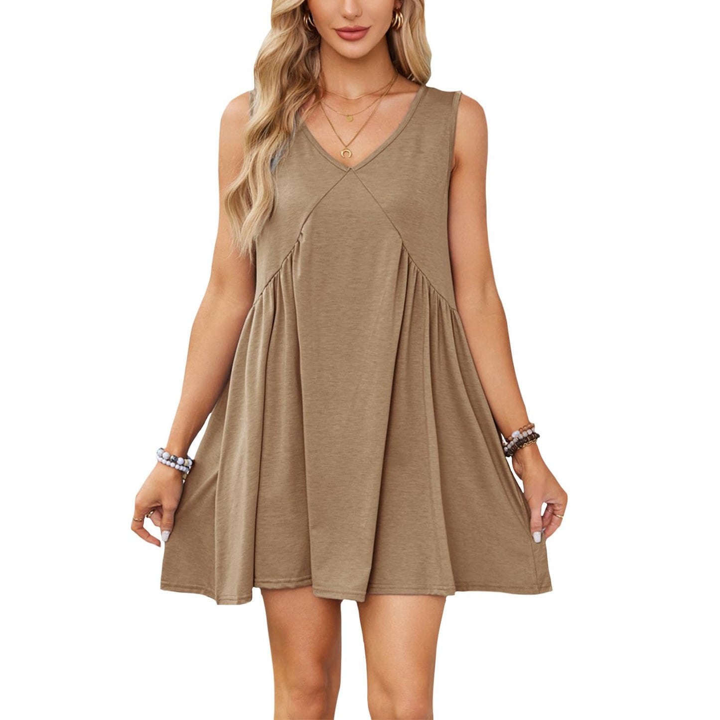 NAILONG Babydoll Mini Dress for Women, Pleated Flowy V Neck Tank Sleeveless Summer Swing Casual Beach Vacation Sun Dress
