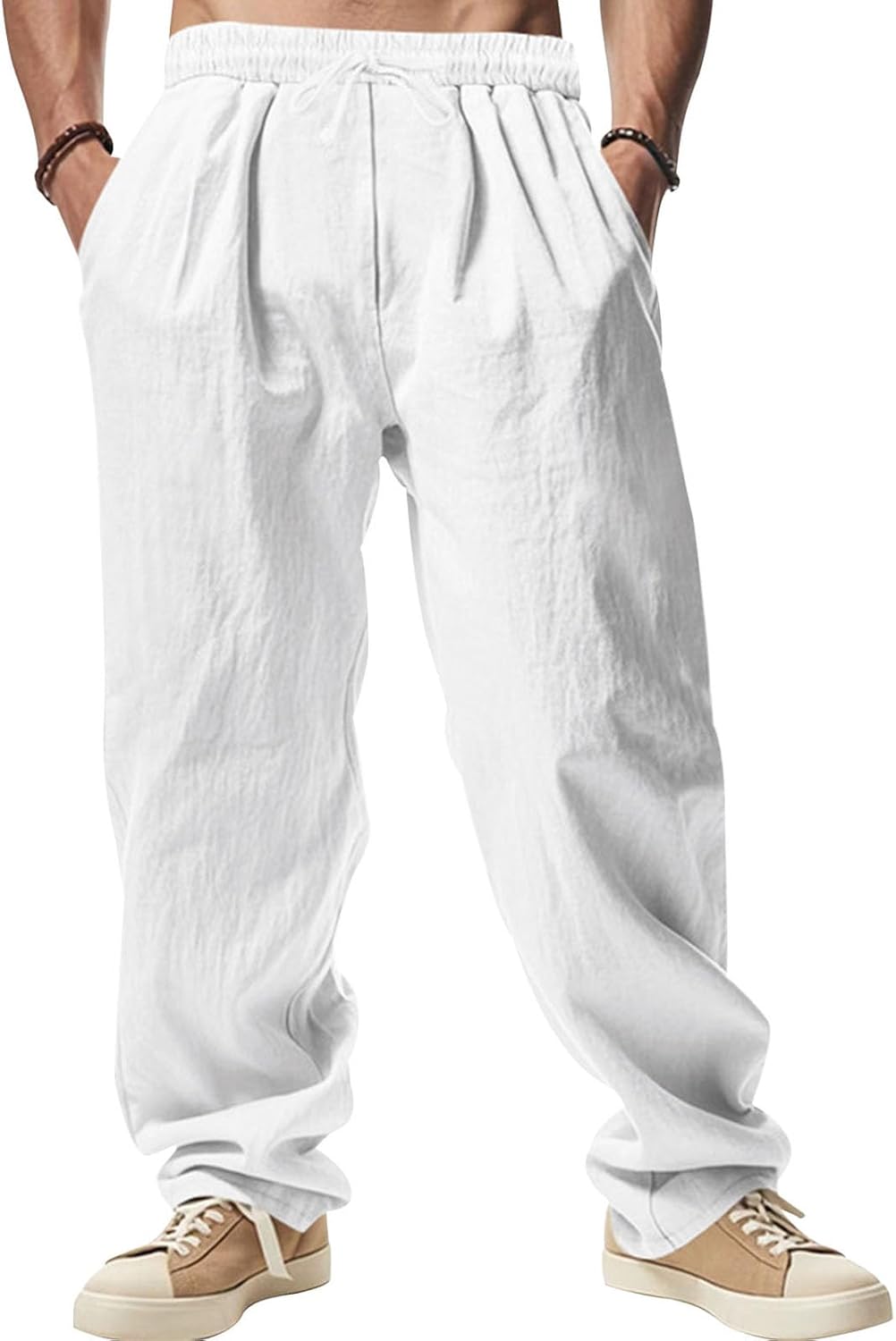 GYMTSL Mens Linen Pants Drawstring Baggy Casual Summer Trousers Straight-Legs Elastic Waist Beach Pants with Pockets